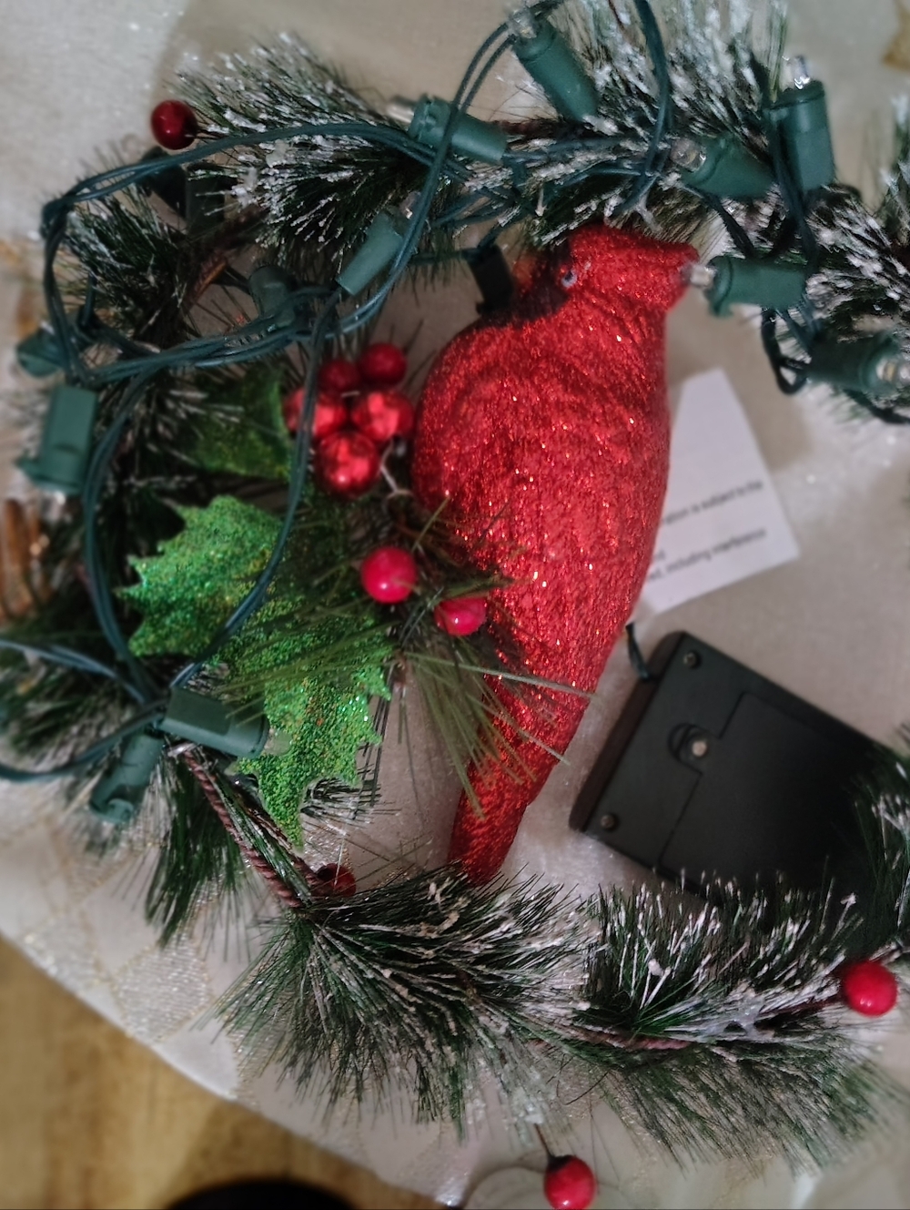 Glitter Red Cardinal Holiday Lighted Tree Topper with Green Pine and Berries
